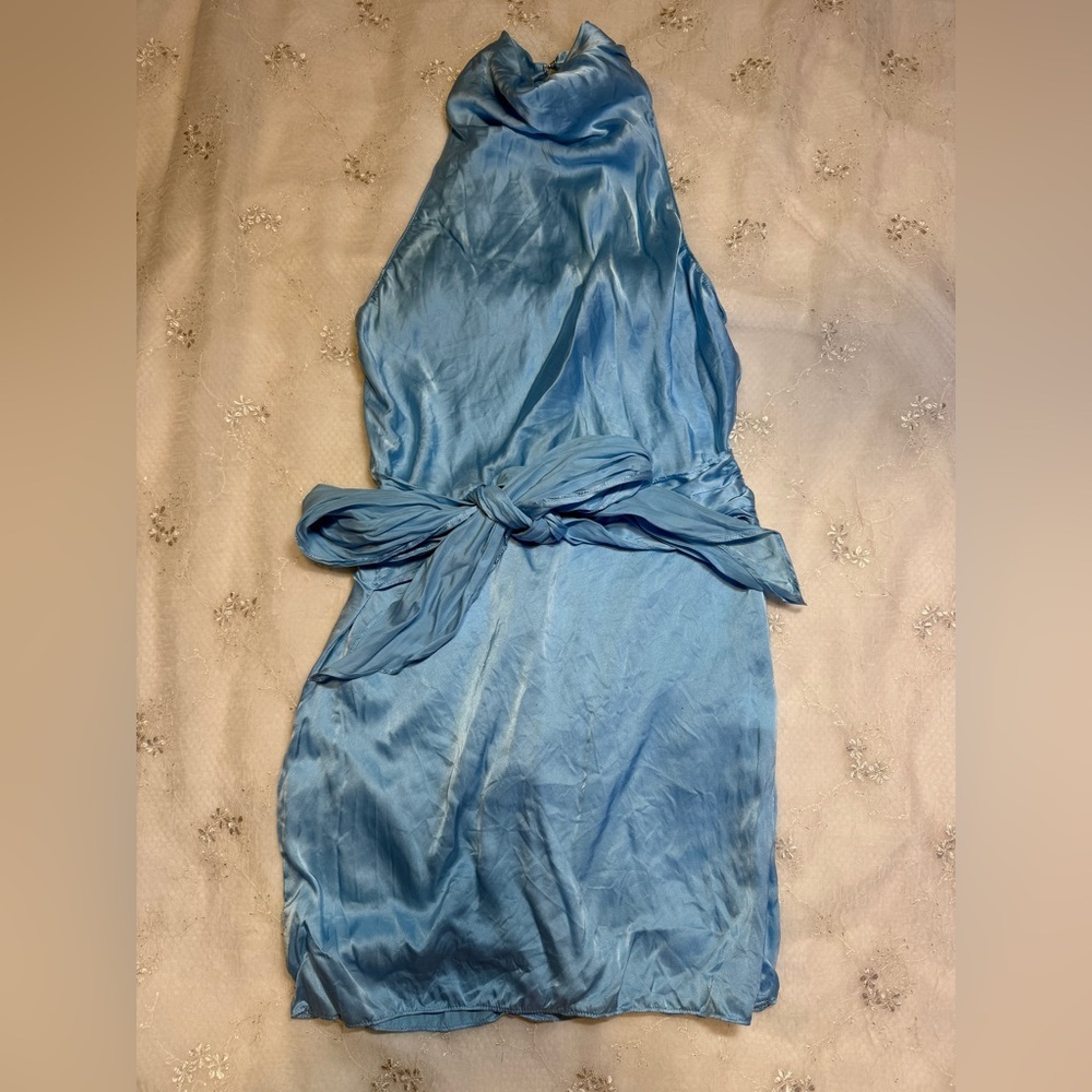 AMANDA UPRICHARD Sandrine Dress in Pacific 100% Silk Tie Front Mini Dress XS - Picture 6 of 9